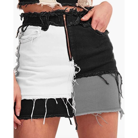 Black Gray‎ Colorblock Patchwork Denim Distressed Ripped Mini Bodycon Jean Skirt - Picture 2 of 6